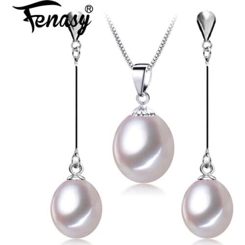 FENASY 925 Sterling Silver Jewelry Sets Natural Pearl Earrings For Women New Drop Earrings Trendy Pendant Chain Necklaces
