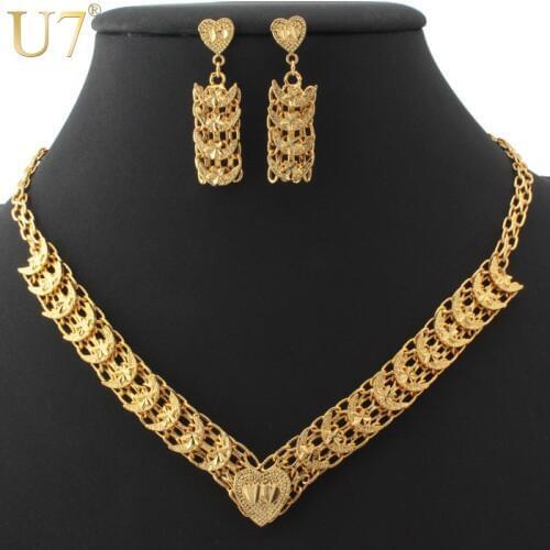 U7 Unique Heart & Moon Necklace Set For Women Gold Color Fashion Jewelry Choker Necklace Drop Earrings Jewelry Sets S452