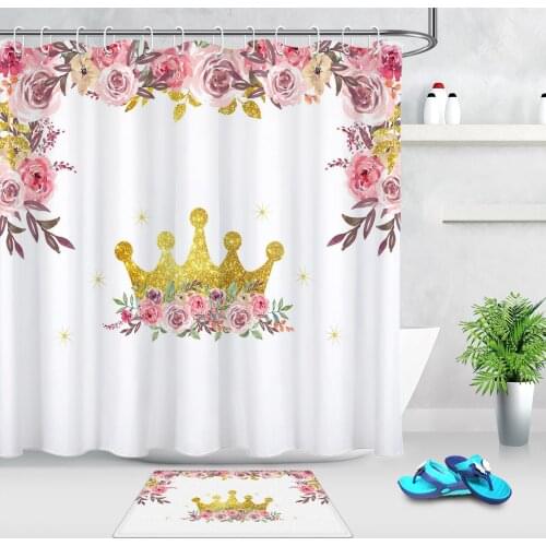 Watercolor Rose Flower Golden Crown Shower Curtain Waterproof Polyester Shower Curtains for Bathroom Home Decor Non-slip Mat