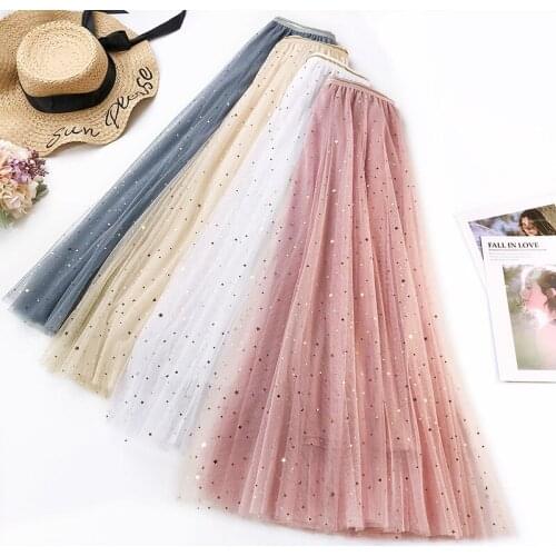 5 Colors Available 2020 Spring New Arrival Star Sequins Long Skirts For Women Elegant Shining Fairy A-line Skirt Free Shipping
