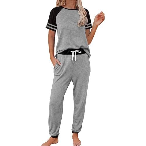 Fashion Womens Home Clothes Patchwork Short Sleeve O-neck Pullover Leisure Tops + Pants Sets Suit домашняя одежда для женщин