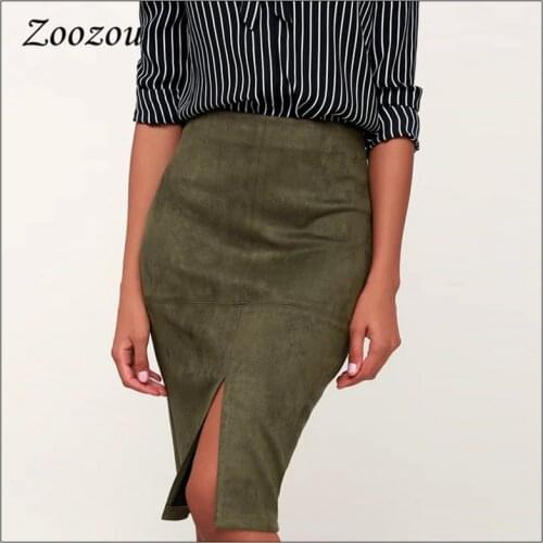 High Waist Suede Leather Pencil Skirts Sexy Elastic Slim Knee Length Women Skirt Elegant Office Lady Clothing Plus Size Custom