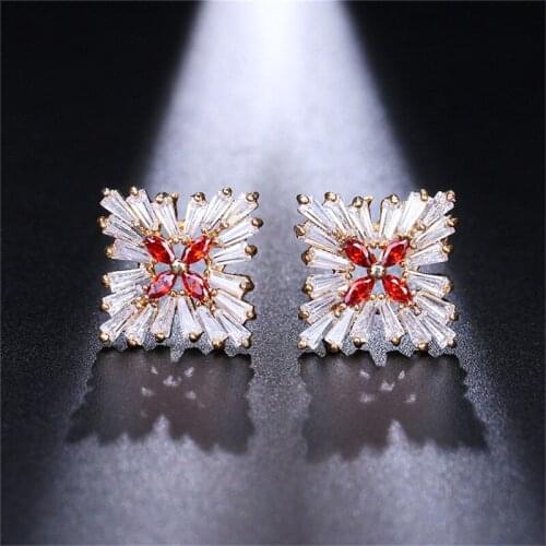 ORZTOON Fashion Hollow Square Red Zircon Stud Earrings For Women Retro Luxury Gold Color Delicate Earring Trendy Wedding Jewelry