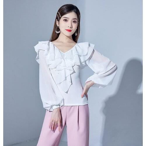2021 New L21242A Long Sleeve Lotus Female Latin Dance Tops Women Practice Shirt For Ballroom Belly Dances Competition Cloth
