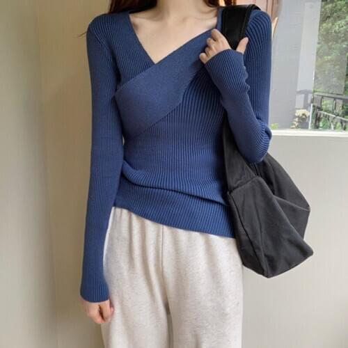 Womens Knitted Sweater Pullover Sexy V Neck Elasticity Korean Knit Sweterek Damski Long Sleeve Soild Woman Sweaters Jumper Muje