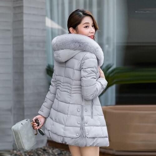 Winter 2020 Womens Fashion Cotton Coat Women Mid-length Casual Padded Coat Female Fur Collar Hooded Elegant Cotton Coat E143