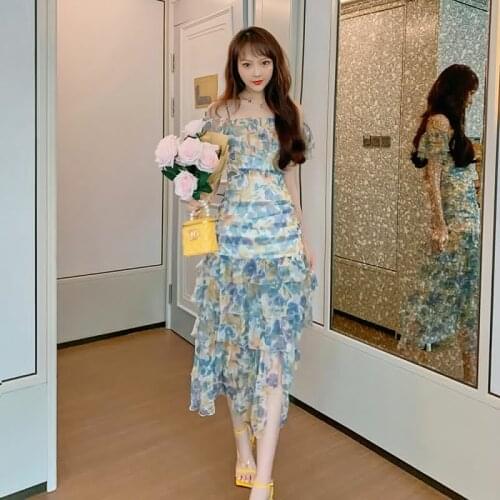 S-XL Plus Size Print Floral Boho Dress for Women Summer 2021 Off Shoulder Slip Sexy Dress Ladies Cake Style Blue Long Dresses