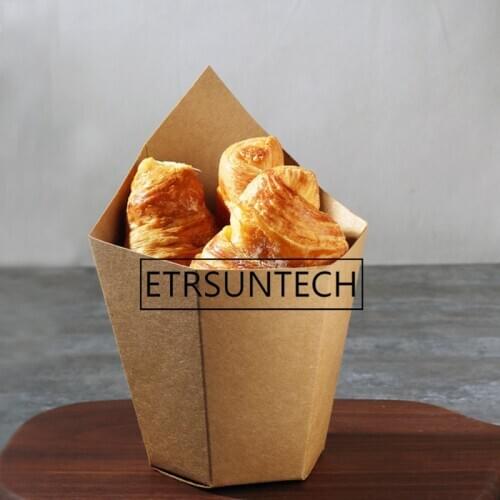 200pcs Croissant Bread Kraft Paper Tray Cake French Fries Disposable Take Out Box with Plastic Bags Dessert Packaging Boxes