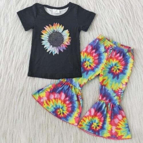 2020 cute baby Sunflower black short sleeved top colorful flared pants two piece boutique kids clothing girls clothing sets
