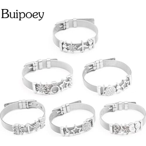 Buipoey 2019 Hot Sale Fashion Jewelry Silver Color Mesh Bracelet Set With Queens Charms Bracelet Bangle For Women Mother Gift