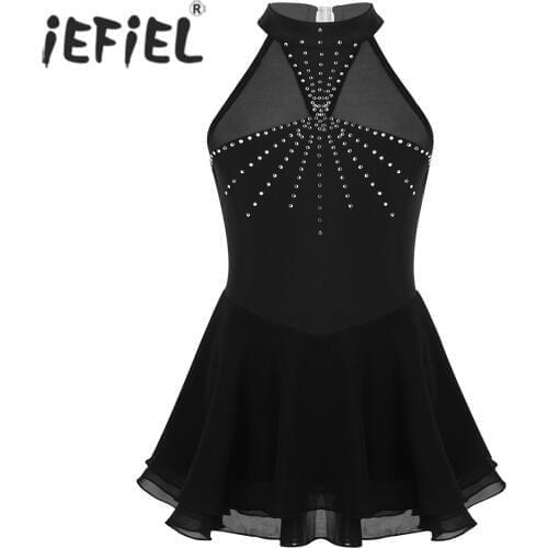 Girls Mesh Tulle Ballet Gymnastics Leotard Sleeveless Sparkly Rhinestone Kids Figure Skating Dress Children Dance Costume