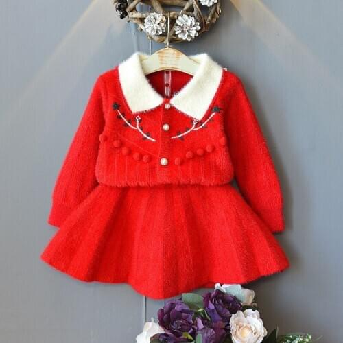 DFXD New Autumn Winter Girls Sweater Clothing Set Embroidery Crystal Mink Cardigan Coat+Skirt Two Piece Knitted Outfit Kids Sets