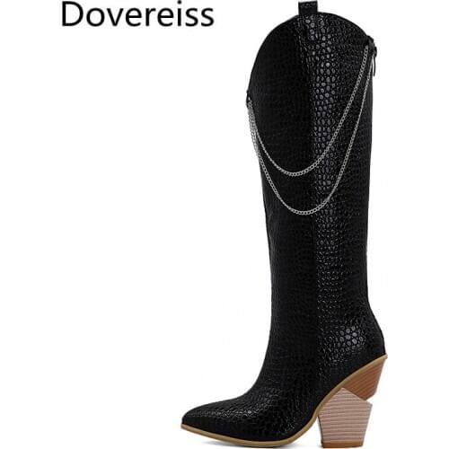 Dovereiss Fashion Womens Shoes Winter sexy Elegant Back zipper Pointed toe Wedges Metal chain Knee high boots Concise 34-48