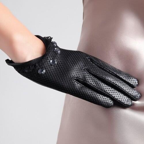 Leather Driving Fashion Driver Gloves Womens Thin Unlined Perforated Hollow Style Short Spring and Autumn Cycling Gloves