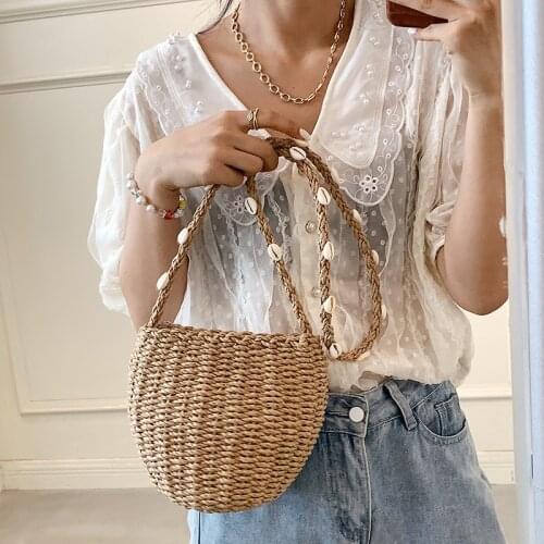 Summer Woven Straw Bags for Women 2021 Shell Chain Travel Beach Vacation Female Crossbody Shoulder Bag Luxury Designer Handbags