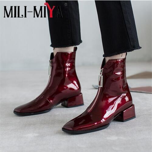 MILI-MIYA Fashion Women Patent Leather Ankle Boots Zipper Solid Color Square Toe Square Heels Plus Size 34-43 For Ladies