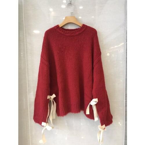Fashion ladies 2021 new long sleeve sexy casual solid color bow tie sweater 1209