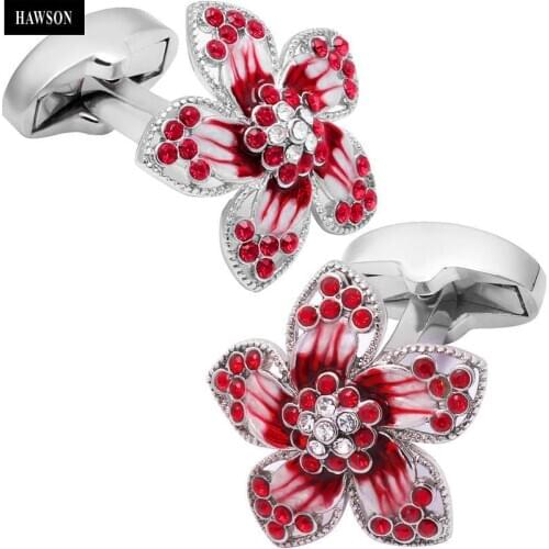HAWSON Fashion Flower Cufflinks with Crystal Shirt Cufflinks for Mens Wedding Business Shirt Cufflinks with HAWSONs LOGO