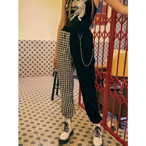 2020 New Fashion Womens Jogger Pants High-Waist Trousers Patchwork Plaid Casual Loose Decorative Chain Wear Sports Bottoms