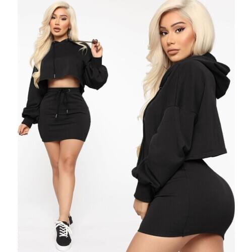 2020 New Fashion Women´s Sexy 2 Pcs Outfits Set Loose Drawstring Long Sleeve Hoodies + High Waist Skirt Outfits Autumn Spring