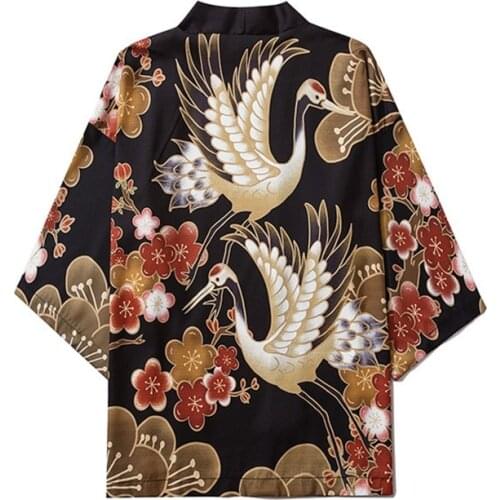 2021 New Loose Fashion Black Crane Summer Beach Cardigan Harajuku Japanese Kimono Style Women Men Tops Shirts Asian Clothes 2021