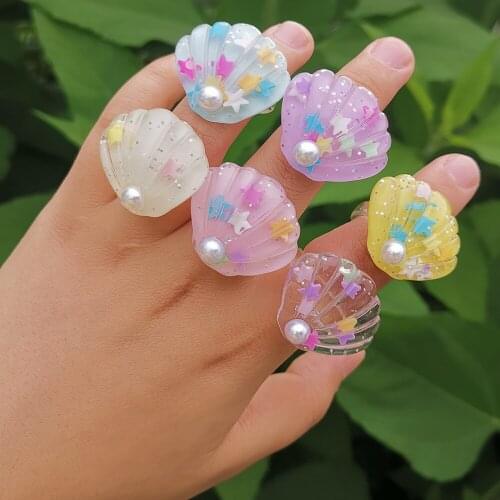 Origin Summer Korean Fashion Shell Simulation Pearlring for Women Girls Creative Multicolor Resin Star Index Finger Ring Jewelry