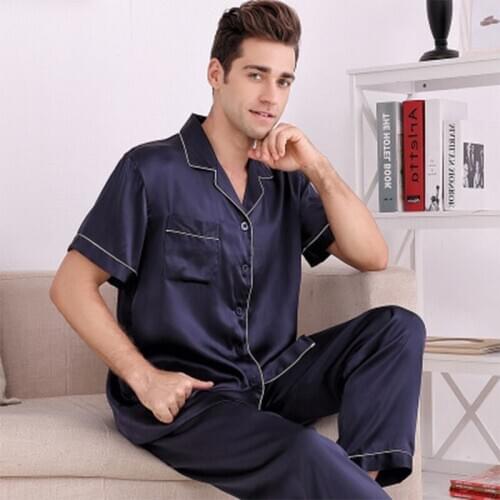 100% Pure Silk Pajamas Men suit Summer Spring bottoms Short sleeve two-piece men Pajamas Set 100% silk Sleepwear suit noble
