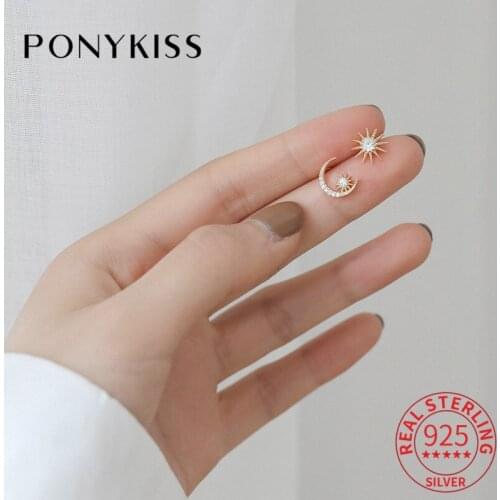 PONYKISS 100% S925 Sterling Silver Sun Moon Star Zircon 14K Gpld Stud Earrings For Women Party Fine Jewlry Elegant Accessory