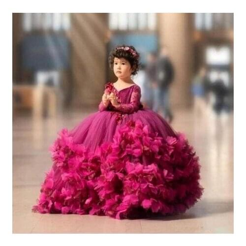 Chic Girls Ball Gown Tulle Dresses Extra Puffy Long Sleeves V Neck Handmade Flower Ruffles Kids Birthday Party Dresses