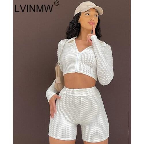 LVINMW Shorts Sets Pure Color Slim Fit Casual Basic Gym Sports Suits Lapel Zipper Fly Long Sleeve Top Elastic High Waist Shorts