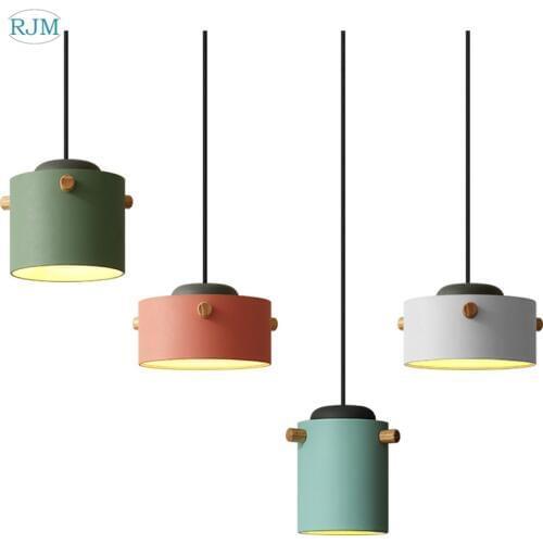 Modern Simple Macarons LED Iron Pendant Lights Nordic Creative Wood Hang Lamp for Restaurant Bar Living Room Clothing Shop Light