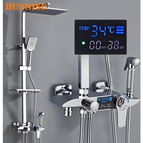 Thermostatic Shower Set Luxury Polished Chrome Bathroom Shower Mixer Set Square Chrome Bathtub Faucet Digital Shower Set System