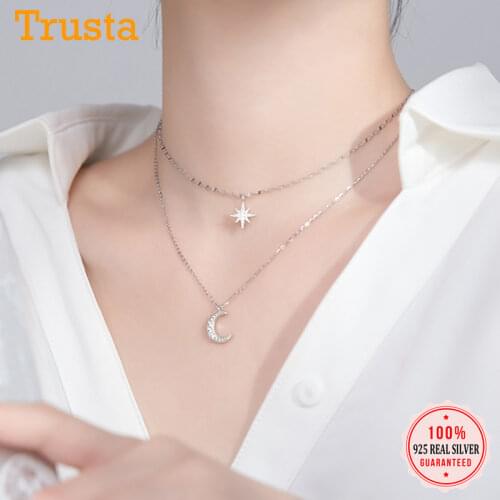 TrustDavis Real 925 Sterling Silver Double Beads Chain Star Moon CZ Choker Necklace For Women Wedding Party S925 Jewelry DA1321