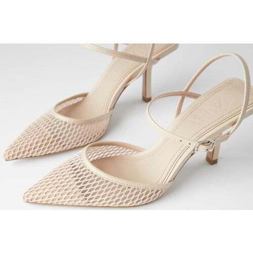 2021 Fine Heel Heel Sandals Pointed Toe Mesh Slingback Sandals for Women Party Shoes Shoes Elegant Pumps Shoes