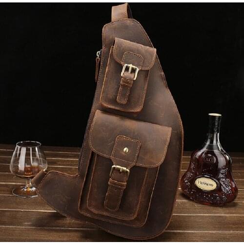 Large Capacity Genuine Leather Chest Bag Vintage Leather Mens Sling Bag Crossbody Packs For Male Outdoor Sport Riding Bag