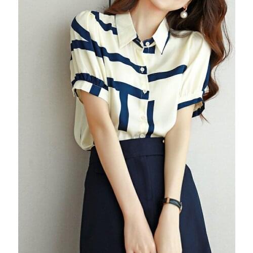 2021 summer new shirt female chic striped color short-sleeved chiffon top thin women shirts blouses Regular girls blouses