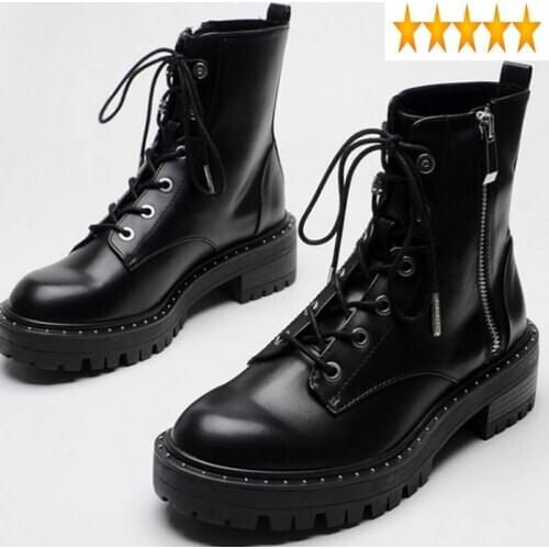 England Women Punk Winter Style Round Toe Platform Ankle Shoes Female High Quality Street Lace Up Black Motorcycle Boots