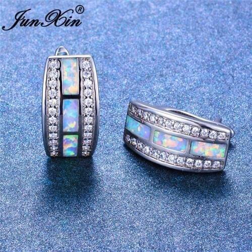 JUNXIN Boho Female Geometric Bar Stud Earrings White Gold Rose Gold Color Bridal Blue White Fire Opal Earrings Wedding Jewelry