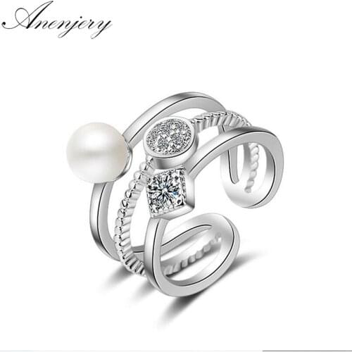 ANENJERY 925 Sterling Silver Rings For Women Trendy Multi-layer Pearl Mosaic CZ Zircon Resizable Rings bague femme S-R217