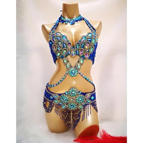 2021 Womens beaded Crystal belly dance costume wear Bar+Belt+Necklace 3pc set sexy bellydancing costumes bellydance clothes