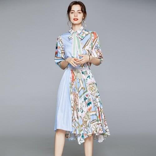Runway Skirt 2 Piece Set Women Bow Tie Sashes Half Sleeve Floral Blouse Shirts And Irregular Pleated Skirt Women Clothing Set