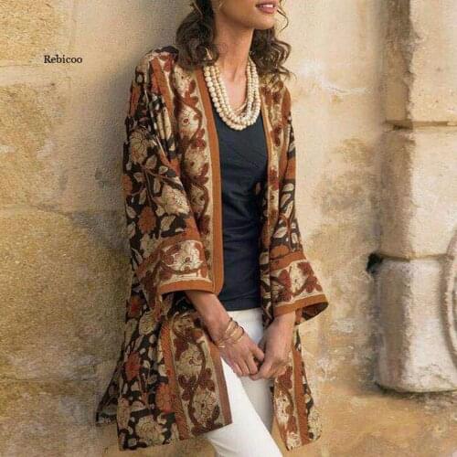 Women Vintage Floral Print Cardigan Jacket Autumn Casual V Neck Long Sleeve Coats Elegant Ladies Open Stitch Tops Outerwear