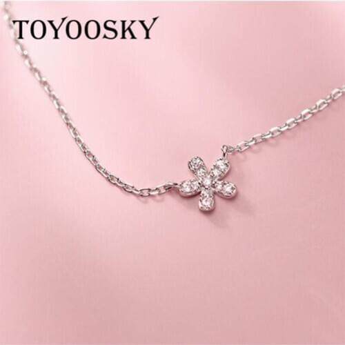 Simple Delicate 925 Sterling Silver Lovely Dazzling Cubic Zirconia 7mm Flower Necklace for Women Plant Jewelry Fine Gift