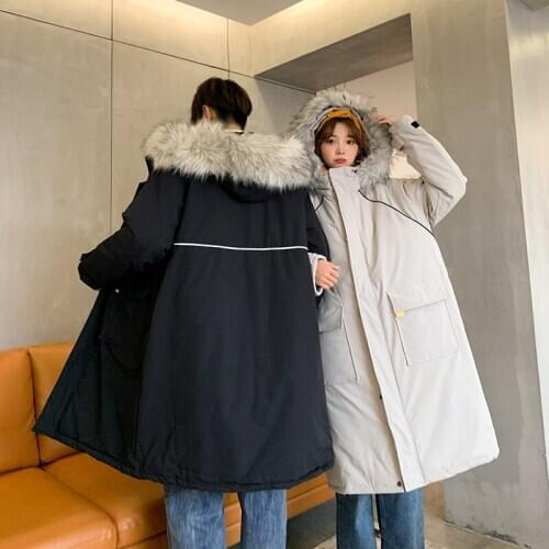 Winter Mens Loose Thick Warm Parka Coat Hooded Fur Collar Down Cotton Padded Long Solid Color Winter Outwear J11
