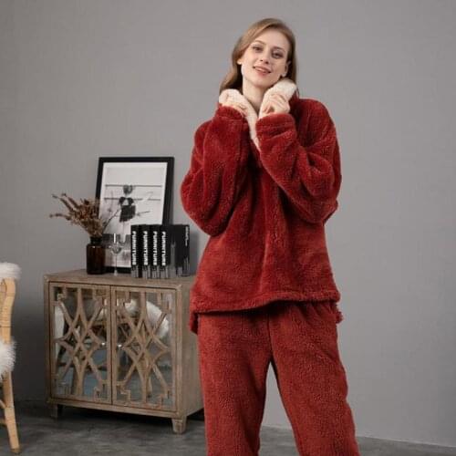 Couple 2PC Warm Loose Female Coral Velvet Pajamas Suit Winter Lovely Flannel Thickened Home Men Clothes Absorbent Pyjamas Suit