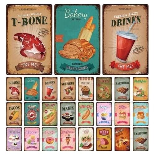 Dessert Fast Food Barbecue Drink Metal Sign Metal Poster Plaque Metal Vintage Tin Sign Wall Decor Bar Bistro Retro Home Decor