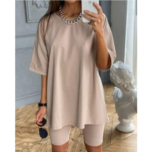 2Pcs Hot Fashion Khaki Nice Sexy Women Summer O Neck Sets Short Sleeve Soft Shirt Tops Bodycon Shorts Suit Sets Outfit