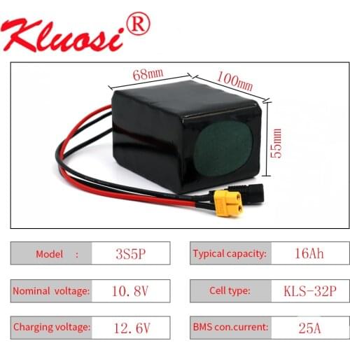 KLUOSI 3S5P 12V 16Ah 10.8V 12.6V Lithium Battery Pack with 25A BMS 250W High Capacity for Motor Scooter Solar Energy Light Etc