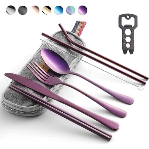 Stainless Steel Flatware Set Reusable Utensils with Case Camping Cutlery Set Including Outdoor Multi-Tool Metal Straws