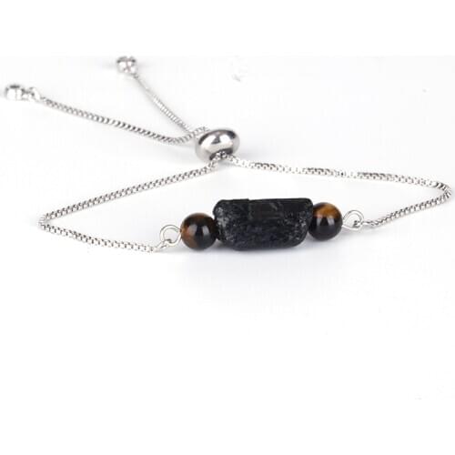 Natural Rough Black Tourmaline Mineral Healing Stone 6mm Bead Glossy Adjustable Simple Chain Bracelets for Women